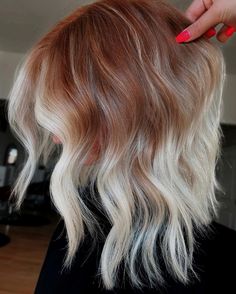 Platinum Blonde And Orange Hair, Short Red Blonde Balayage, Root Smudge Red To Blonde, Red Blonde Balayage Short Hair, Red Roots Blonde Ends, Copper Shadow Root Blonde, Platinum Blonde And Copper Hair, Blond To Red Hair Ombre