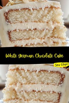 two pictures of a white german chocolate cake