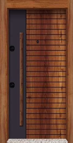 the front door is made out of wood and has a wooden slatted design