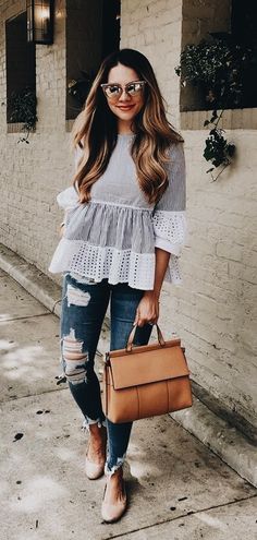 Denim Ruffles, Dolly Top, Peplum Shirt, Peplum Tops, Tan Bag, Destroyed Denim, Long Blonde, Big Bags, Inspired Outfits