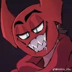 an animated red demon with big teeth and fangs on it's face, staring at the viewer