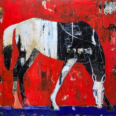 a painting of a black and white horse on a red background