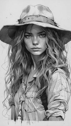 a drawing of a girl with long hair wearing a hat and holding her hands behind her back