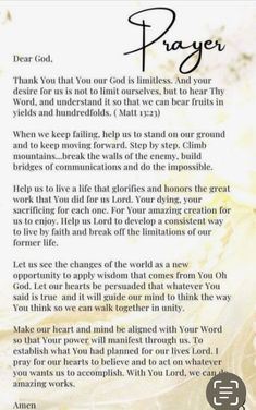 a prayer card with the words prayer written on it