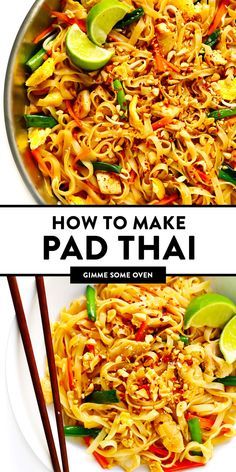 a plate full of pad thai noodles with chopsticks and lime wedges on the side