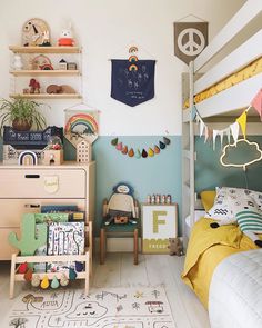 a child's bedroom with bunk beds and toys