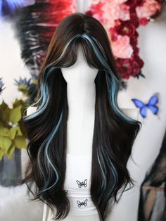 Step into a world of enchantment with our Dark Brown and Blue Highlight Long Wavy Synthetic Wig. This stunning wig features a rich dark brown base seamlessly interwoven with striking blue highlights, creating a mesmerizing contrast that is both bold and sophisticated. The long, wavy locks cascade beautifully, adding volume and dimension to your look.  Garment Size   	 		 			Size 			Free Size 		 		 			Hair Length 			65 Colored Highlights In Dark Brown Hair, Long Black And Blue Hair, Cute Hair For Brown Hair, Brown Blonde And Blue Hair, Periwinkle Highlights, Very Long Wavy Hair, Hairstyles For Long Black Hair, Brown Hair With Blue Highlights, Alt Hair Colors