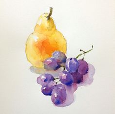 a painting of grapes and a pear on a white background