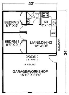 the floor plan for a two bedroom house with an attached garage and living room area