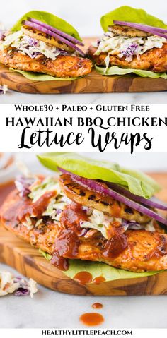 two photos of hawaiian bbq chicken lettuce wraps with text overlay that reads whole 30 palen and gluen free hawaiian bbq chicken lettuce wraps