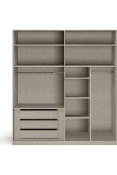 an open bookcase with two drawers and three shelves on each side, in light grey