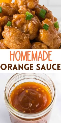 homemade orange sauce in a glass jar with chicken wings