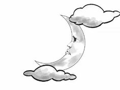 a drawing of a crescent moon with clouds in the sky