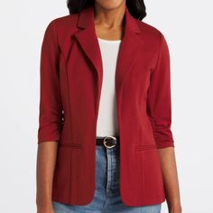 Nwt! Versatile Woman Blazer In Burgundy. Elevate Your Office Look With This 41 Hawthorn Leena Unlined Open Front Ponte Blazer. A Versatile Blazer That Pairs Well With Everything From Slacks To Skirts, This Blazer Also Features A Button Closure And A Classic Cut. Materia- 66% Rayon, 30% Nylon, 4% Spandex A-129 Red Business Casual Outerwear For Spring, Chic Burgundy Blazer For Workwear, Fall Burgundy Office Blazer, Fall Office Burgundy Blazer, Burgundy Fall Office Blazer, Classic Burgundy Outerwear For Work, Burgundy Blazer For Workwear In Fall, Red Tailored Outerwear For Business Casual, Fitted Burgundy Outerwear For Business Casual