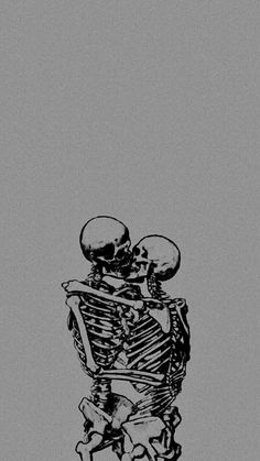 a black and white drawing of a skeleton holding two skulls