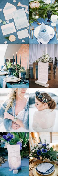 blue and white wedding decor with flowers, candles, napkins and place settings on the table