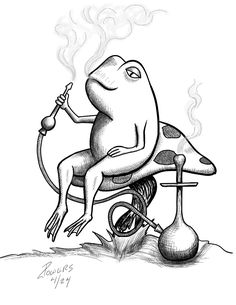 a drawing of a frog sitting on top of a chair with a hook in it's mouth