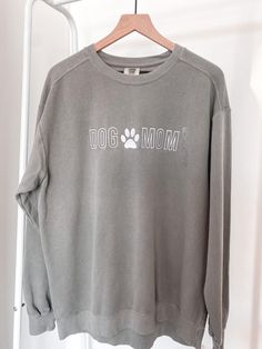 Our Tomorrow brand featuring Dog Mom embroidered. Our Dog Mom sweatshirt is the perfect gift for you or any of your dog-loving friends/family! Comfort Colors sweatshirt 80% cotton, 20% polyester Premium heavy fabric Comfortable Fit Cotton Sweatshirt, Cotton Sweatshirt With Letter Embroidery For Loungewear, Gray Cotton Sweatshirt With Letter Embroidery, Soft-washed Cotton Sweatshirt With Comfortable Fit, Dog Mom Merch, Comfortable Cotton Soft-washed Sweatshirt, Cotton Dog Print Sweatshirt For Fall, Dog Mom Hoodie Ideas, Fall Cotton Sweatshirt With Dog Print