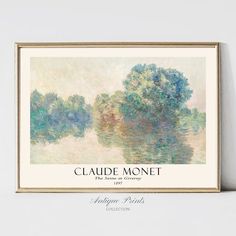 a painting with trees in the background and water on the wall above it, which reads claudia monet