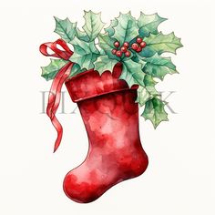 a watercolor painting of a christmas stocking with holly and red ribbon on it