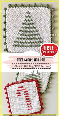 two crocheted christmas tree coasters with the text free pattern on top and bottom