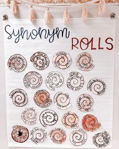 a bulletin board with different types of spirals and the words syncromm rolls on it