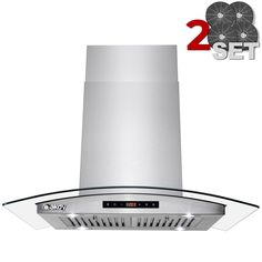 a stainless steel range hood with two lights on each side and the number 2 at the top