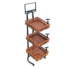 three tiered basket stand with wheels on each side and two baskets in the middle