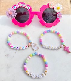 "✨🐰Easter is Mar 31st this year! Time to prepare for Easter baskets! ✨🐰 These personalized bracelets are the perfect addition for your Easter basket! We also have custom flower sunnies avaialabe - please check out our other listings! 💖✨ Flower Sunnies Listing: https://twolittlepoppes.etsy.com/listing/1455157576 Bracelet sizing:  When in doubt, go with measurements and not the age range for your child's bracelet size. These are simply estimates based on average wrist sizes. ✨Need it ASAP? ✨Add \"Rush Order Fee\" listing to your cart to expedite your production time for your item(s) and jump to the front of the line!  *SHOP DISCLAIMER/WAIVER* This item contains small parts. Not for children under 3 years. Do NOT let your child put the bracelet in their mouth. Always monitor and supervise Fun Customized Pink Bracelets, Customizable Pink Fun Bracelets, Playful Customized Pink Bracelets, Fun Personalized Bracelets For Party Favors, Cute Personalized Wristband For Birthday, Easter Bracelets, Bunny Bracelet, Boys Easter Basket, Easter Basket Stuffers