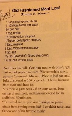 an old fashioned meat loaf recipe is shown in the menu for it's contents