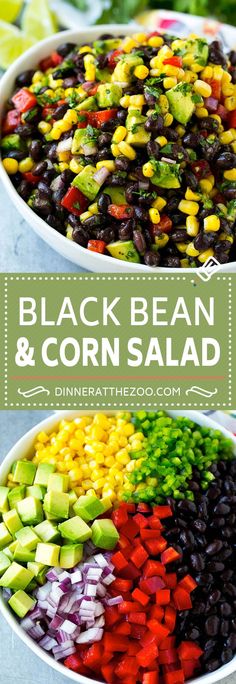 black bean and corn salad in a bowl with the title overlay reads, black bean and corn salad