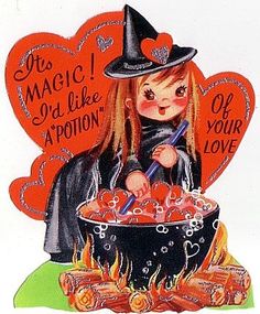 a potion of your love #valentinesday #valentine Vintage Halloween Cards, Carte Halloween, Halloween 2, Halloween Vintage, Halloween Images, Sweet Valentine