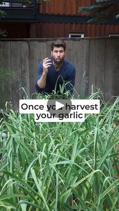 a man taking a selfie in front of some tall grass with the words once you harvest your garlic on it