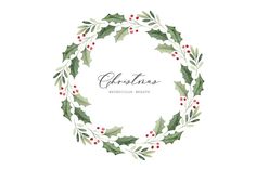 a christmas wreath with holly leaves and red berries on the bottom, in watercolor