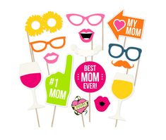 photo booth props for mom's day with glasses and mustaches on sticks, including one