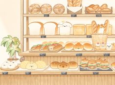 an illustration of breads, buns and other food items on display in a bakery