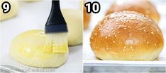 three pictures showing how to make bread with butter and sesame seed on top, then using a brush