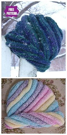 two hats with different colors on them and one is knitted in the same pattern