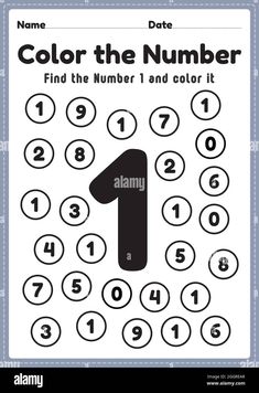 the number 1 worksheet for children to learn how to write and color - stock image