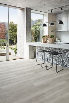 a kitchen with an island and stools in it