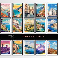 a set of 15 vintage travel posters depicting italy's famous cities and their landmarks