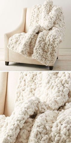 two photos of the same couch and chair with blankets on it, one is made out of