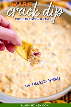 Warm Crack Dip - The ORIGINAL recipe!! Sou cream dip loaded with cheddar, bacon and ranch dip - this stuff is SO addicting! This is always the first thing to go at a party! I could make a meal out of it! Serve with Fritos and tortilla chips! Can make ahead and refrigerate before baking. #dip #partyfood #cheddar #bacon #ranch #lowcarb #keto #glutenfree Cheddar Bacon Ranch Dip, Superbowl Party Appetizers, Bacon Ranch Dip, Baked Dips, Thanksgiving Appetizers Easy, Cheesy Ranch, Bacon Dip, Cream Dip