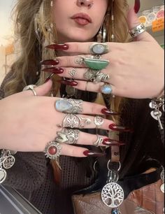 #rings #silver #jewelry Lots Of Silver Rings, Lots Of Silver Jewelry Aesthetic, Lots Of Rings On Hand, Ring Layout On Hand, Maximalist Jewelry Silver, Funky Jewelry Rings, Maximalism Jewelry, Chunky Silver Jewellery, Ring Aesthetic