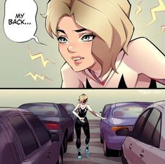 a comic strip with an image of a woman standing in front of some cars