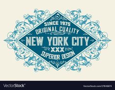 the new york city logo in blue and white with an ornate design on it's side