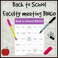 back to school activity with the text back to school faculty meeting bingo on top of it