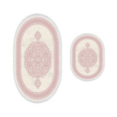 two oval rugs in pink and white with an ornate design on the front, one is