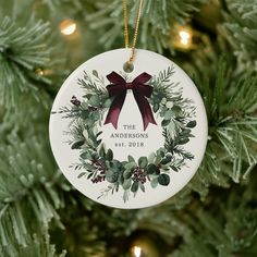 Watercolor Christmas Wreath Personalized Name Ceramic Ornament