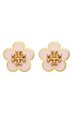 Flower stud earrings centered by iconic logo medallions bring a pretty pop of color to any look. 3/8" diameter Post back Goldtone or silvertone plate/enamel Imported Light Pink Earrings, Gold Orchid, Signature Logo Design, Preppy Jewelry, Tory Burch Earrings, Cute Stud Earrings, Tory Burch Kira, Name Earrings, Wrist Jewelry